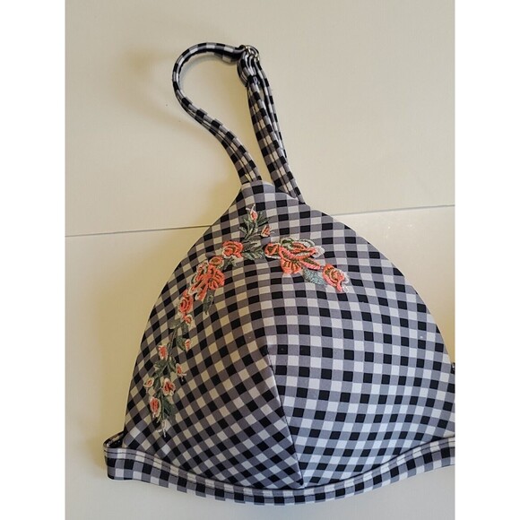 Womens Swimwear Top Large Black & White Check Print W/ Floral Detail Padded Bust - Picture 3 of 10